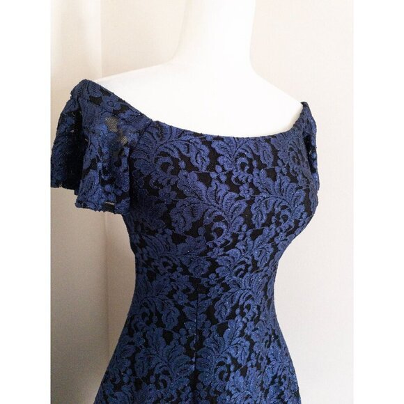 Vintage 2000s Off-Shoulder Blue & Black Glitter Lace Lined Dress S Prom - Picture 5 of 14
